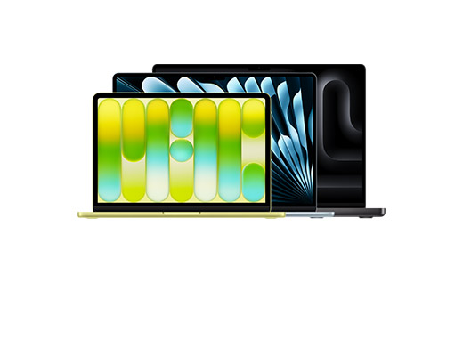 MacBookの3つのモデル:シトラスの13インチMacBook Neo、開いた状態、Liquid Retinaディスプレイ、丸みを帯びた厚みのある脚。スカイブルーの15インチMacBook Air、開いた状態、丸みを帯びた厚みのある脚。スペースブラックの16インチMacBook Pro、開いた状態、丸みを帯びた厚みのある脚