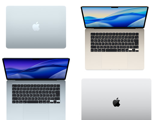 モデル、サイズ、カラーの異なる4台のMacコンピュータ。カスタマイズの幅広さを示している