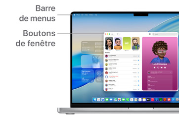 Aper?u de la navigation sur macOS, comme la Barre de menus en haut de l’écran du MacBook et le Dock.
