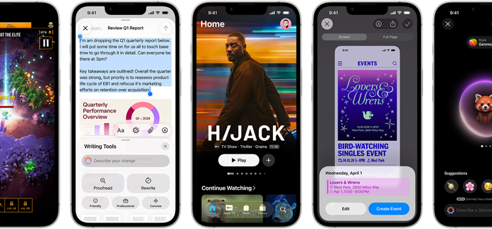 Едно до друго iPhone 17e устройства показват различни екрани: гейминг, Инструменти за писане, Apple TV приложението, събитие в календара, създаване на Genmoji