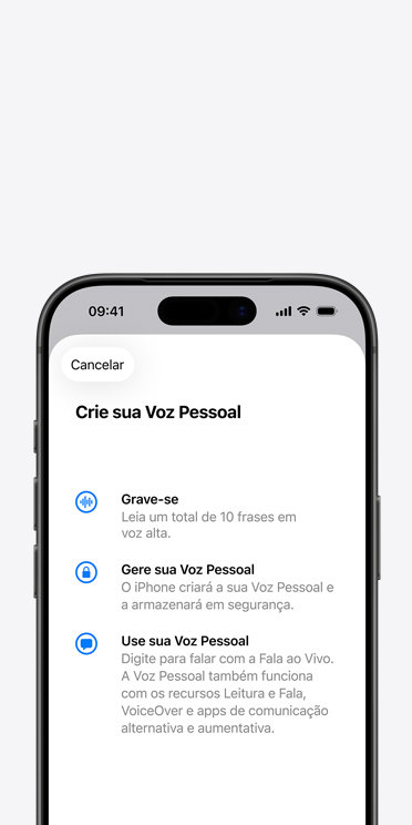 Tela do iPhone 16 Pro exibindo o recurso Voz Pessoal com instru??es para criar uma voz personalizada.
