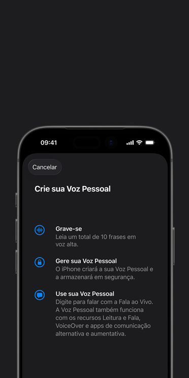 Tela do iPhone 16 Pro exibindo o recurso Voz Pessoal com instru??es para criar uma voz personalizada.