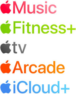 Logotipos de servi?os de assinatura da Apple, incluindo Apple Music, Fitness+, Apple TV, Apple Arcade e iCloud