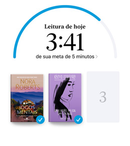 A tela do iPhone mostra a interface Metas de Leitura no app Livros. No alto, aparece o círculo de progresso de uma meta de leitura. Abaixo do círculo de progresso, s?o mostradas três capas de livros. Embaixo das capas, o texto diz que falta um livro para alcan?ar a meta de ler oito livros em 2024.