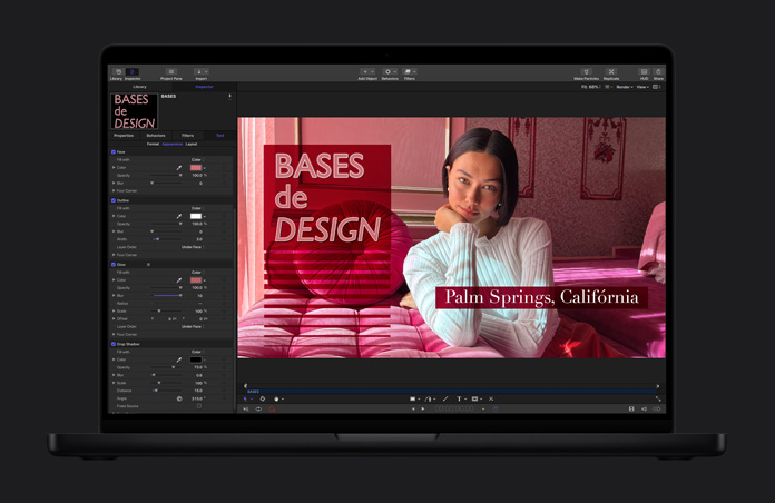 Tela do MacBook Pro de 16 polegadas, Final Cut Pro, design gráfico, sobreposi??o tipográfica, pessoa de suéter branco, quarto e móveis cor-de-rosa
