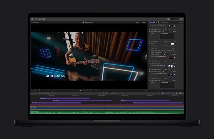 Tela do MacBook Pro de 16 polegadas, linha do tempo do Final Cut Pro com o corte de um clipe de vídeo que mostra um estúdio de grava??o com cortinas ao fundo.