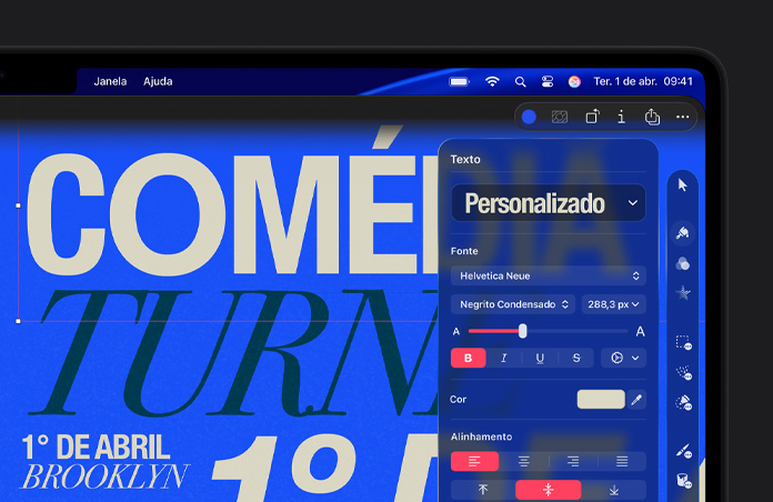 Espa?o de trabalho do Pixelmator Pro com tipografia branca e preta sobre um fundo azul, barra de ferramentas à direita