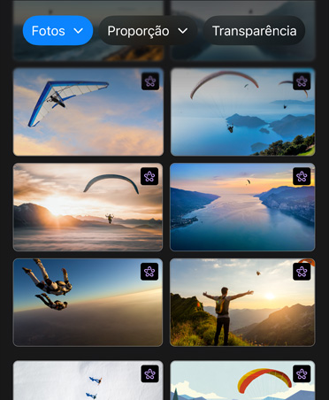 Tela com oito imagens de parapentes no ar, bot?es na parte superior para Fotos, Propor??o e Transparência
