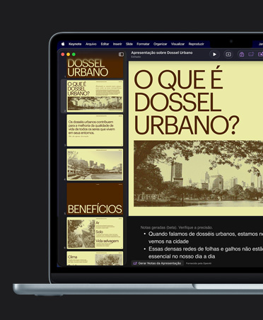 Tela do MacBook Air de 13 polegadas, Keynote, slide amarelo intitulado Urban Canopy com imagens de edifícios e notas de apresenta??o geradas por IA abaixo do slide