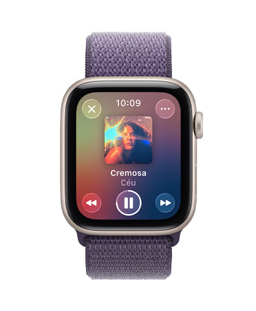 Apple Watch SE 3 com caixa estelar de alumínio e pulseira loop esportiva roxo-névoa, reprodu??o de mídia, Apple Music, Digital Crown no lado direito