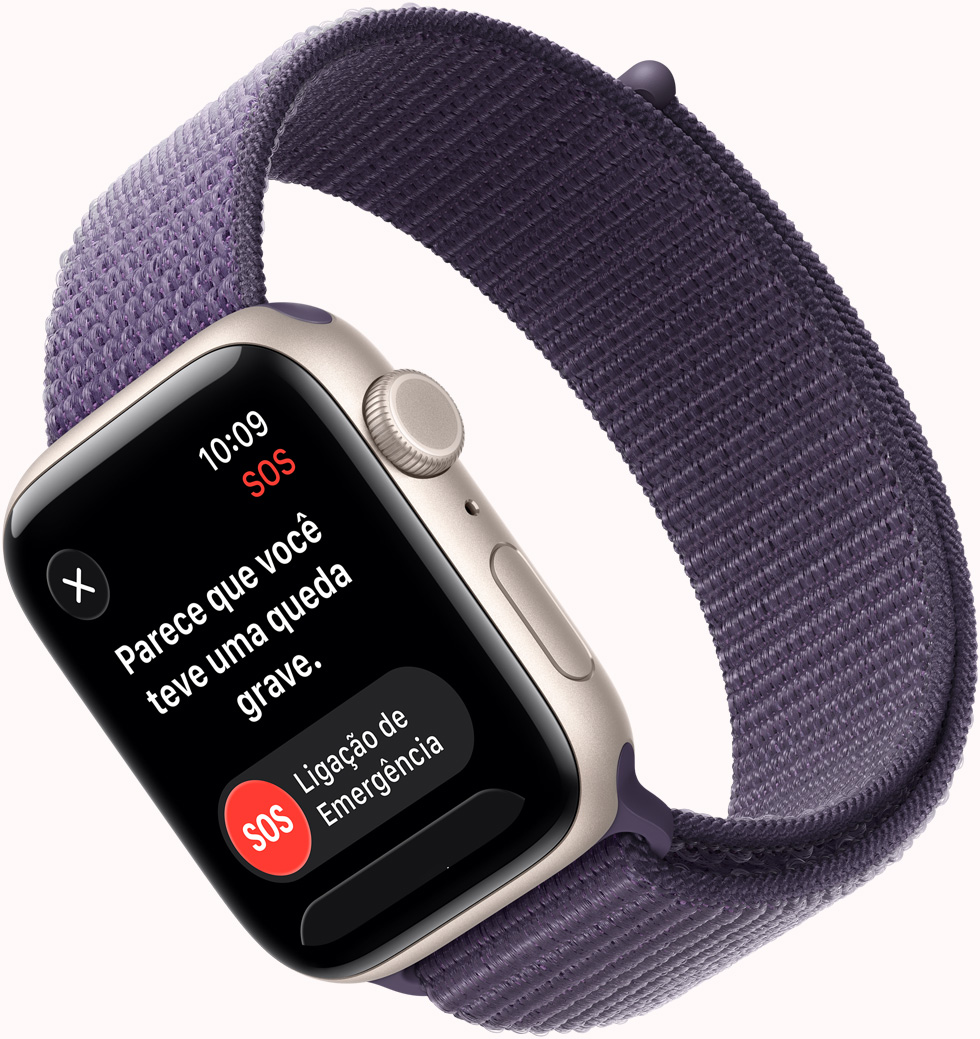 Apple Watch SE 3 com caixa estelar de alumínio e pulseira loop esportiva roxo-névoa, notifica??o de Detec??o de Queda, bot?o Liga??o de Emergência, Digital Crown, microfone e bot?o lateral no lado direito