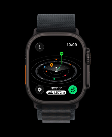 Apple Watch Ultra 3 com caixa preta de titanio, app Bússola, marcadores de pontos intermediários, pulseira loop Alpina preta