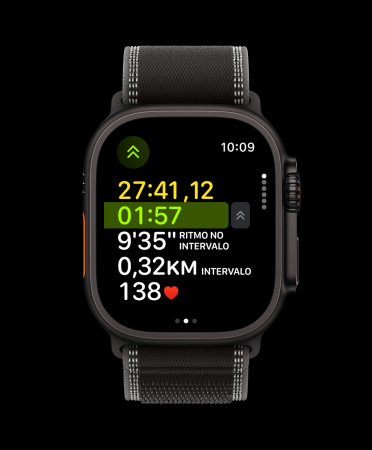 Apple Watch Ultra 3 com caixa preta de titanio, treino de corrida, próximo intervalo
