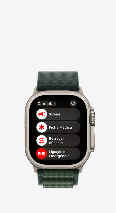 Um Apple Watch com uma lista de recursos de emergência: Sirene, Ficha Médica, Retra?ar Bússola e Liga??o de Emergência