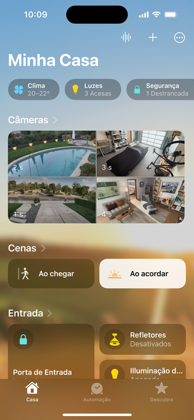 iPhone mostrando as se??es Minha Casa, Cameras, Cenas e Entrada