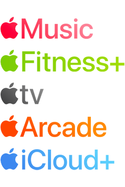 Logotipos de servi?os de assinatura da Apple, incluindo Apple Music, Fitness+, Apple TV, Apple Arcade e iCloud