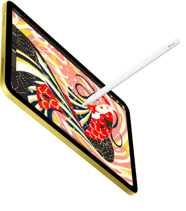 Imagem de um Apple Pencil desenhando no iPad. A tela mostra uma ilustra??o colorida de um peixe no app Procreate.