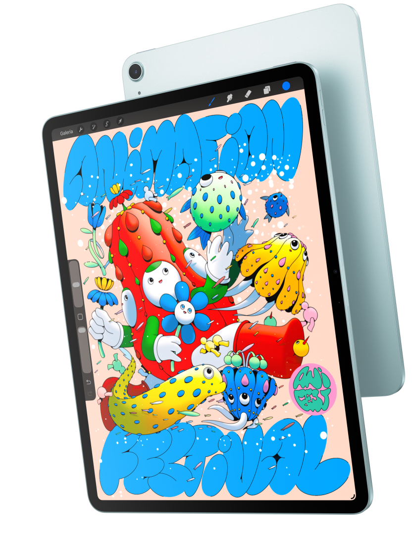 Imagem da parte da frente do iPad Air mostrando o modelo de 13 polegadas com o app Procreate que se sobrep?e à parte de trás de um iPad Air azul