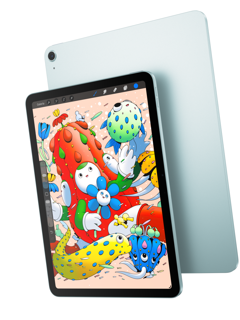 Imagem da parte da frente do iPad Air mostrando o modelo de 11 polegadas com o app Procreate que se sobrep?e à parte de trás de um iPad Air azul