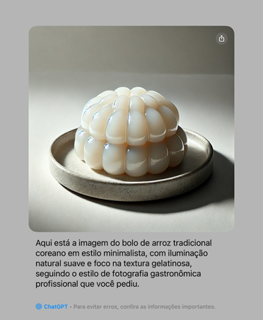 Parte da frente do iPad Pro preto-espacial na vertical, com bordas arredondadas, tela mostrando uma representa??o experimental de um bolo de arroz tradicional coreano com uma explica??o das características da foto gerada pela Apple Intelligence com a integra??o do ChatGPT