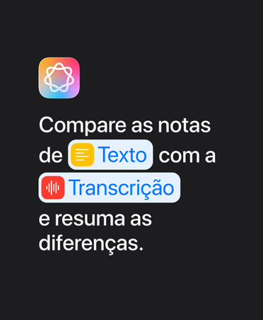 ícone da Apple Intelligence e o texto 'Compare notas no Texto e na Transcri??o e resuma as diferen?as'