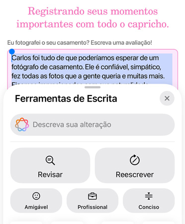 Recurso Ferramentas de Escrita em uso, com as op??es Revisar, Reescrever, Amigável, Profissional e Conciso