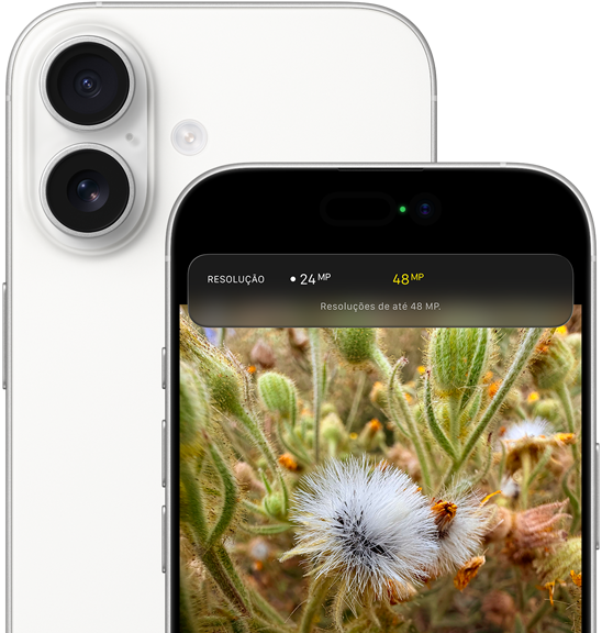 Parte de trás do iPhone 17 branco mostrando as bordas arredondadas e o sistema de camera dupla Fusion no canto superior esquerdo, parte da frente com a Dynamic Island e as bordas arredondadas