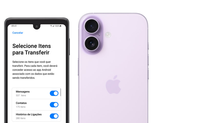Imagem lado a lado da tela do Android com o app Migrar para iOS e do iPhone 17 mostrando a parte de trás e o sistema avan?ado de camera dupla no canto superior esquerdo.