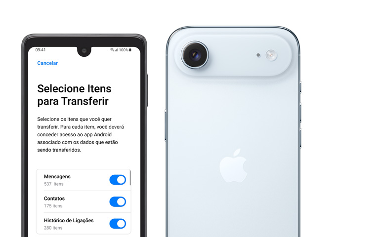 Imagem lado a lado da tela de um Android mostrando o app Migrar para iOS e um iPhone Air mostrando a parte de trás com o sistema de camera Fusion em plat? elevado e o flash da camera.