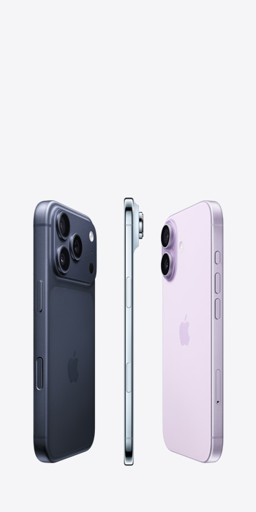 Parte de trás do iPhone 17 Pro com o sistema de camera Fusion Pro na parte superior, iPhone Air com a lateral muito fina em titanio e parte de trás do iPhone 17 com o sistema avan?ado de camera dupla no canto superior esquerdo
