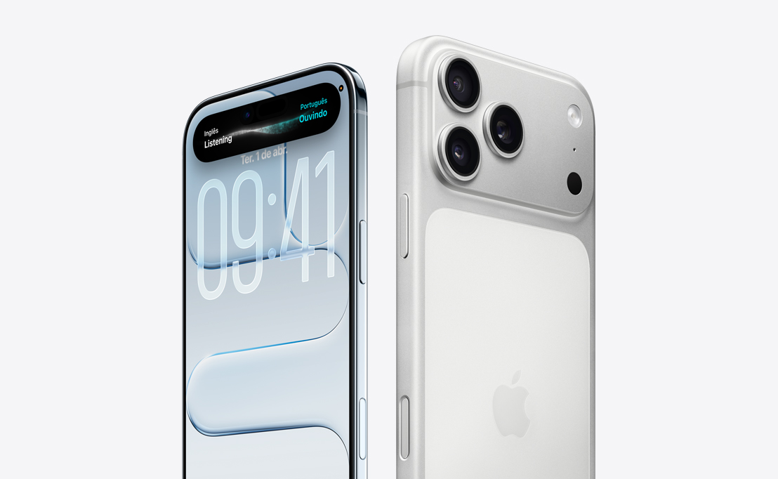 Lateral fina de titanio do iPhone Air com a tela mostrando o design em Liquid Glass e a Dynamic Island, parte de trás do iPhone 17 Pro com sistema de camera Pro no canto superior esquerdo