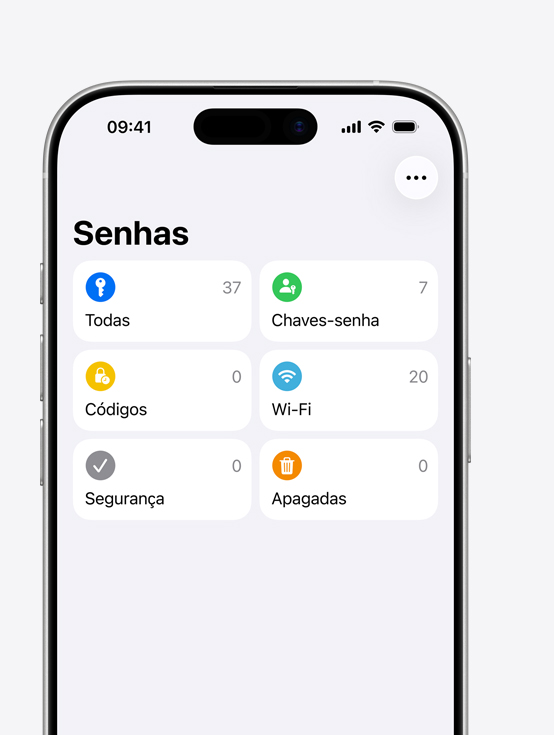 A tela do iPhone mostra o menu do app Senhas com as op??es Todas, Chaves-senha, Códigos, Wi-Fi, Seguran?a e Apagadas
