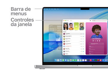 Uma vis?o geral da navega??o do macOS, como a barra de menus na parte superior da tela do MacBook e o Dock.
