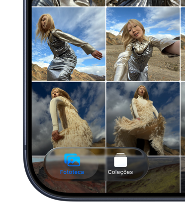 iPhone, a parte inferior esquerda da tela mostra o app Fotos com as abas Fototeca e Cole??es no novo design em Liquid Glass