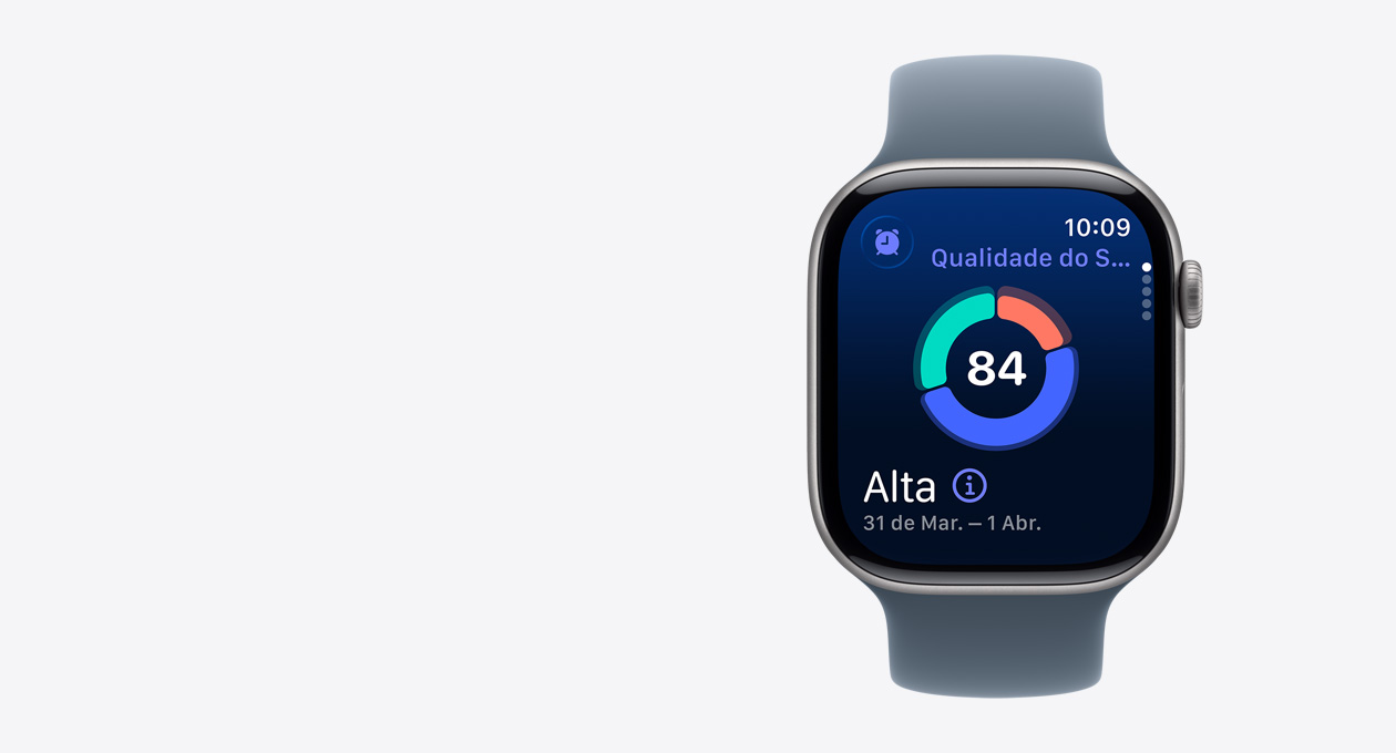 Apple Watch Series 11 com caixa cinza-espacial de alumínio, tela com a pontua??o do sono