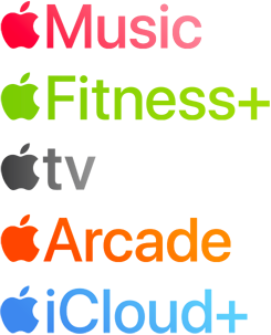 Uma lista de servi?os Apple: Apple Music, Apple Fitness Plus, Apple TV Plus, Apple Arcade e Apple iCloud Plus