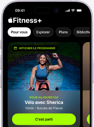 iPhone affichant un entra?nement à vélo recommandé dans l’onglet Pour vous de l’app Apple Fitness+