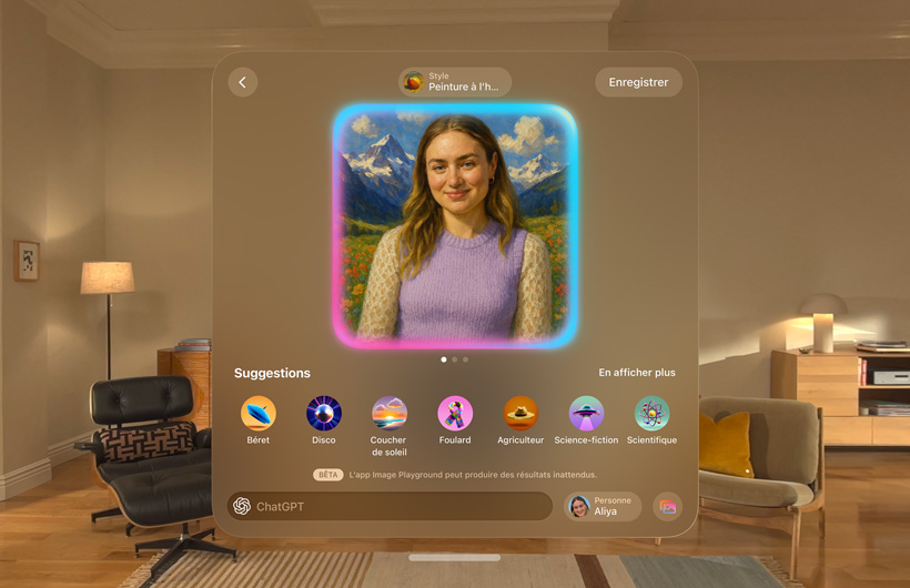 écran d’Image Playground sur Apple Vision Pro, flottant dans une pièce et montrant un visage Genmoji