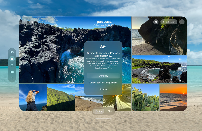 Une photothèque dans l’interface SharePlay, avec en arrière-plan l’environnement Bora-Bora et en avant-plan une fenêtre contextuelle dont le titre est ? Diffuser le contenu Photos avec SharePlay ?, avec les trois boutons suivants : SharePlay, Lancer pour moi uniquement et Annuler.