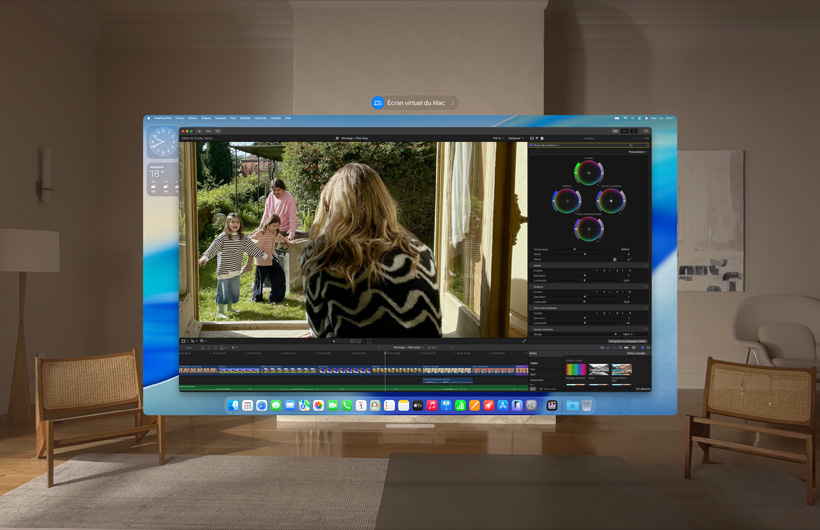 Plusieurs fenêtres d’apps, dont Mail, Image Playground et écran virtuel du Mac, affichées dans un environnement