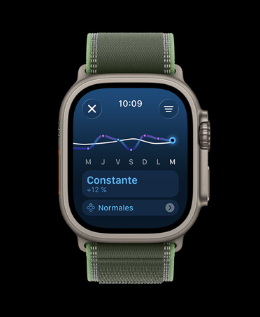Apple Watch Ultra 3, naturel, bo?tier en titane, graphique linéaire et calendrier de la charge d’entra?nement, bracelet, Sentier, vert/vert fluo