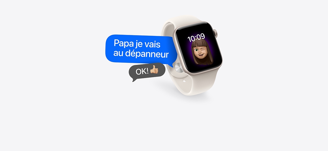 Apple Watch, le cadran montre un Memoji de jeune fille qui fait un clin d’?il, une bulle de texte dit ? Papa je vais au dépanneur ? et une bulle de réponse dit ? OK! ? avec un emoji de pouce levé