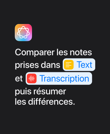 Ic?ne d’Apple Intelligence et requête demandant de comparer les notes prises dans Texte et Transcription, puis de résumer les différences