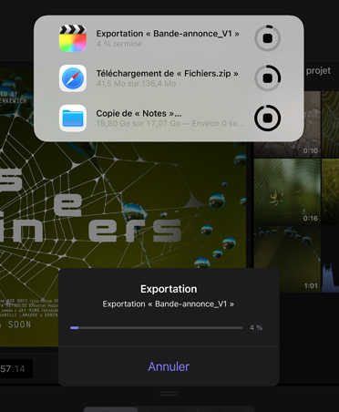 Un iPad Pro, face avant, orientation portrait, noir infini, écran affichant des taches d’arrière-plan : exportation en cours, téléchargement d’un fichier, déplacement de Notes vers la sauvegarde
