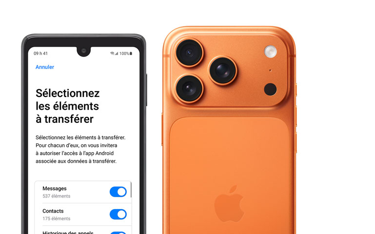 C?te à c?te, écran d’un appareil Android montrant l’app Migrer vers iOS, iPhone 17 Pro, face arrière, système caméra Pro Fusion, 3 objectifs, microphone, flash