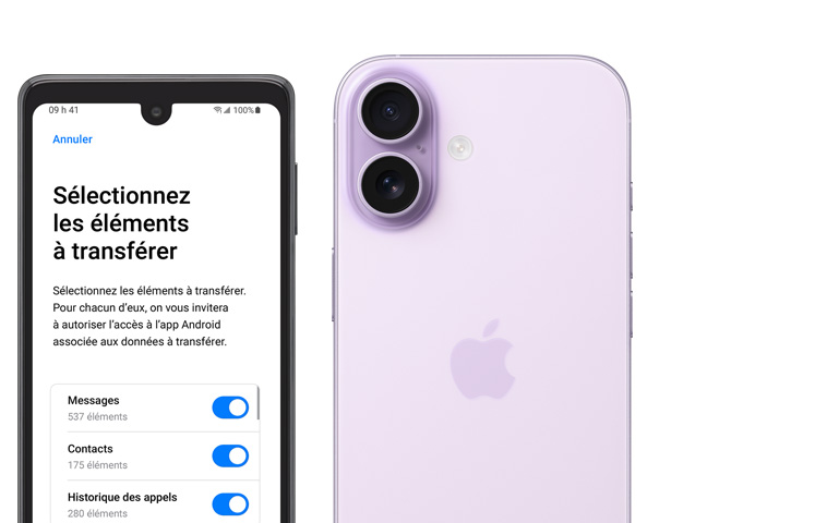 C?te à c?te, écran d’un appareil Android montrant l’app Migrer vers iOS, iPhone 17, face arrière, système avancé à deux caméras dans le coin supérieur gauche