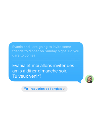 Traduction en direct dans Messages montrant une traduction de l’anglais au fran?ais