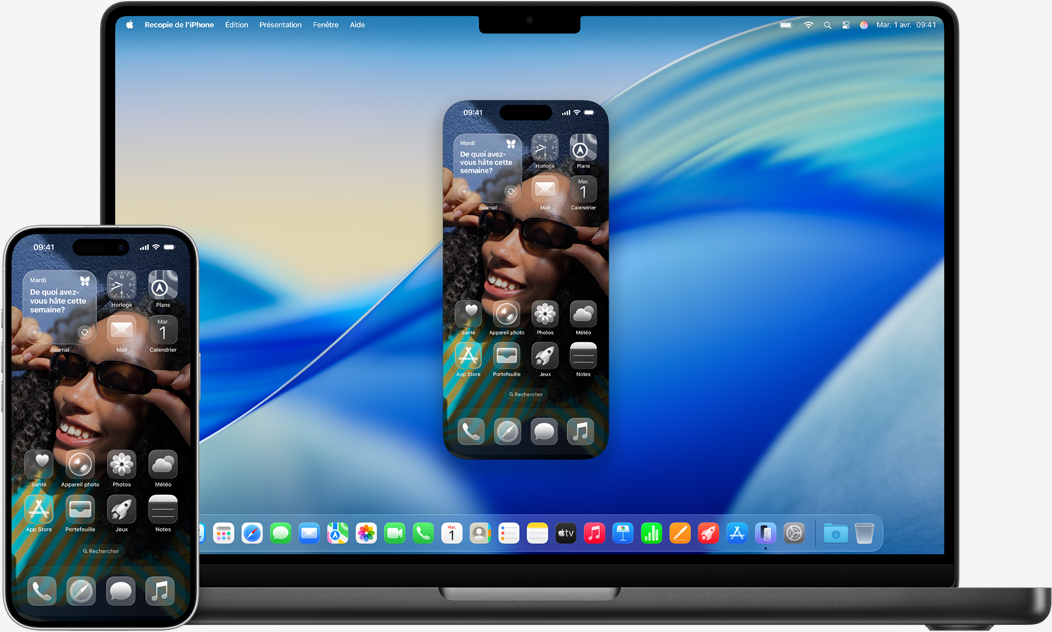 iPhone et MacBook c?te à c?te montrant la fonctionnalité de recopie sur le MacBook. Widgets Calendrier et Notes dans la partie supérieure de l’écran, apps dans la partie inférieure.