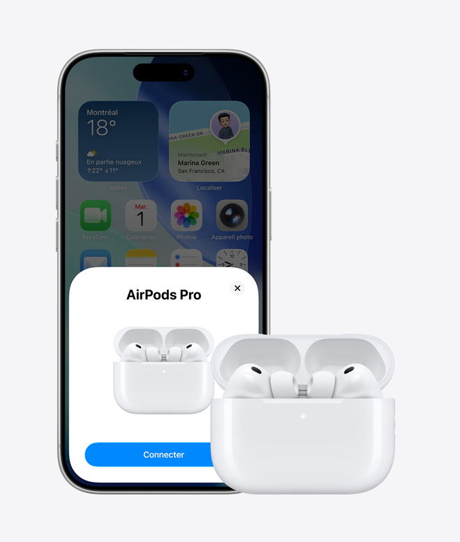 iPhone 17 Pro, face avant, écran d’accueil en arrière-plan, fenêtre contextuelle de connexion d’AirPods, AirPods dans un étui ouvert à c?té de l’iPhone