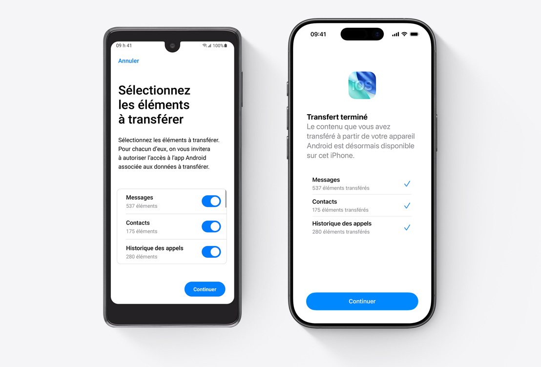 C?te à c?te, l’écran d’un appareil Android montre l’app Migrer vers iOS, l’écran d’un iPhone montre l’app Migrer vers iOS